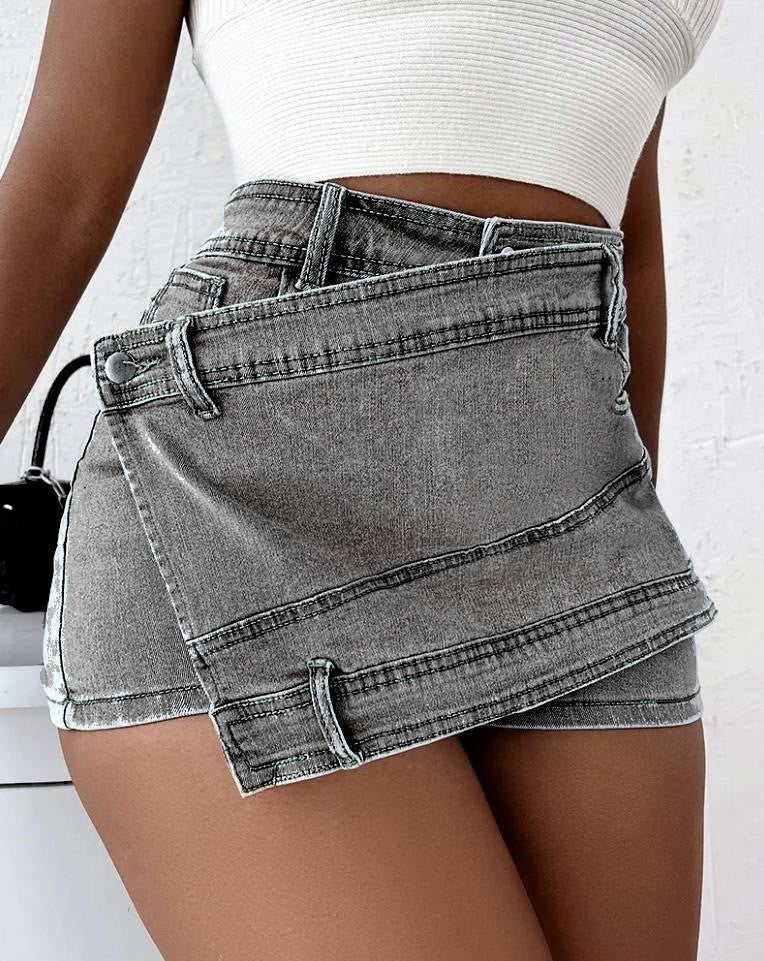 A- line High Waist Irregular Denim Skirt Shorts
