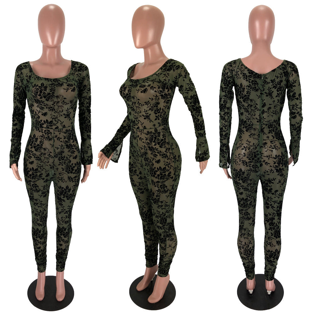 Mesh flocked shoulder jumpsuit