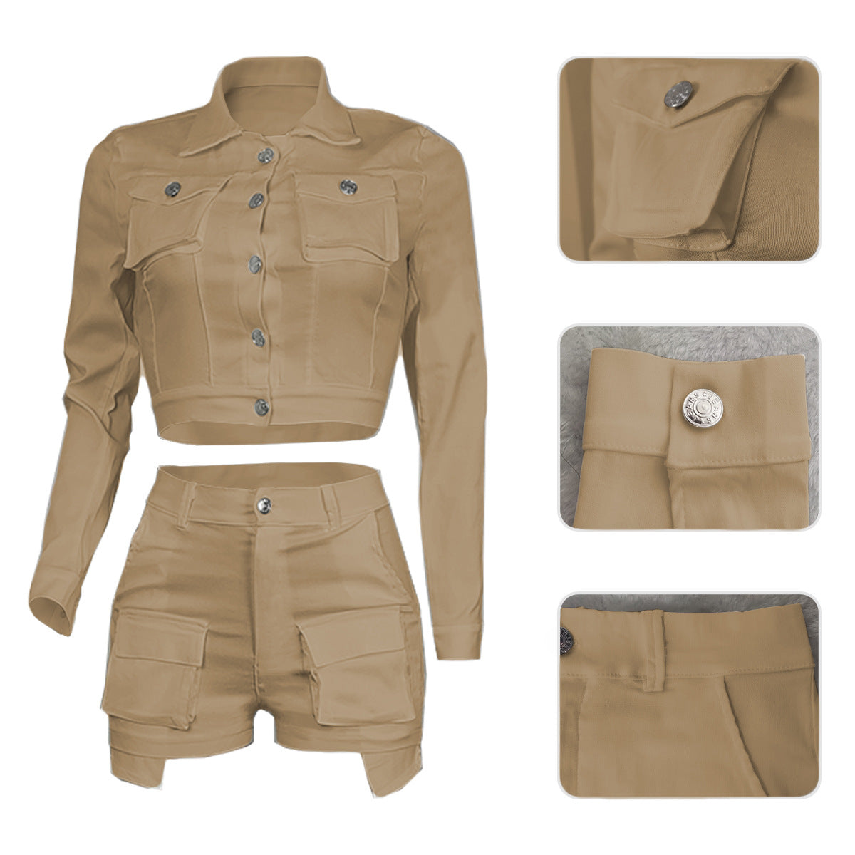 Solid Color Pocket Tooling Casual Two-Piece