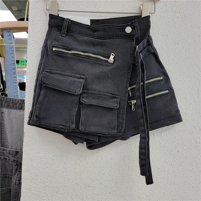 Irregular Multi-Pocket Workwear A- line Denim Skirt