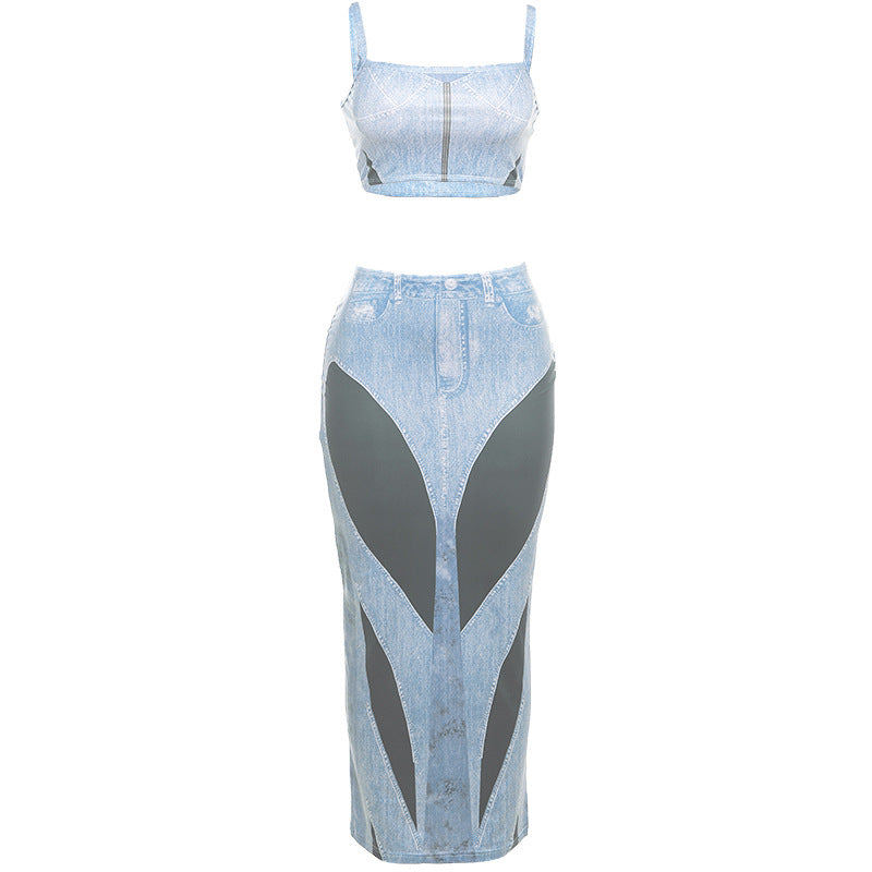 3D Denim Printing Camisole High Waist Slim Fit Skirt Suit