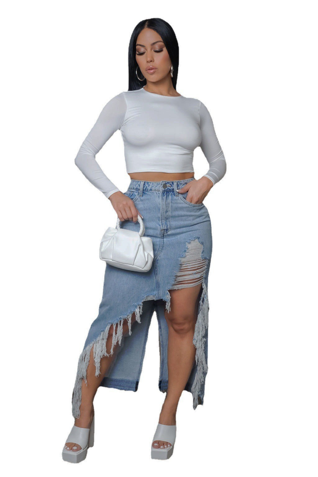 Denim dress with irregular tassels and holes