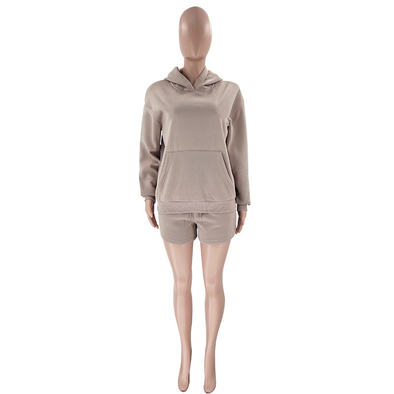 Solid Color Long Sleeved Shorts Hoodie Two-piece Set
