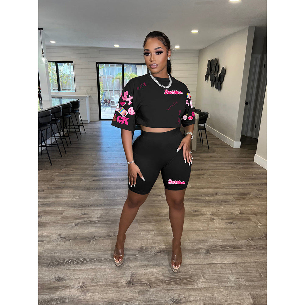 Printed Round Neck Short Sleeve Shorts