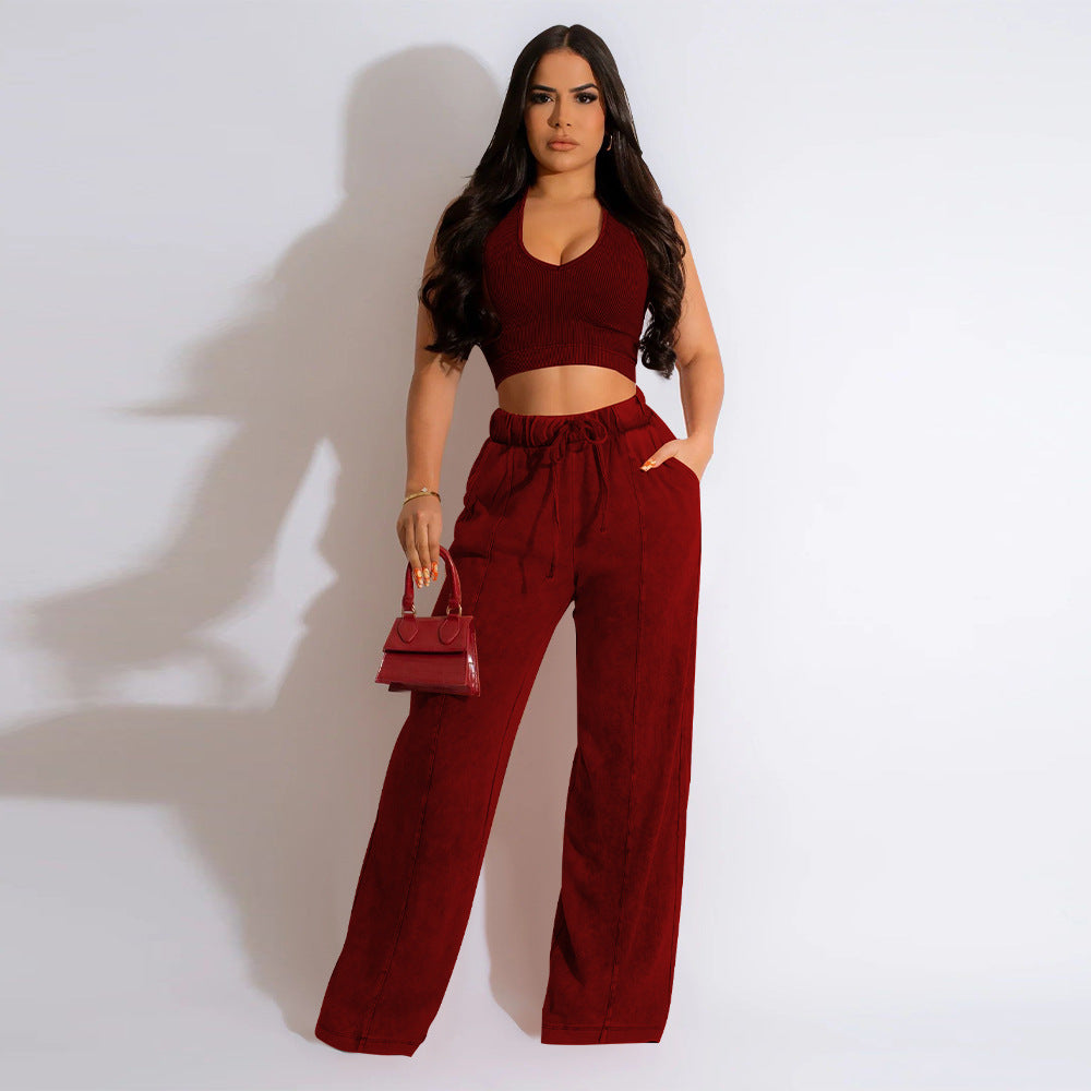 Sleeveless Open Waist Jacket Elastic Waist Wide-leg Pants Suit