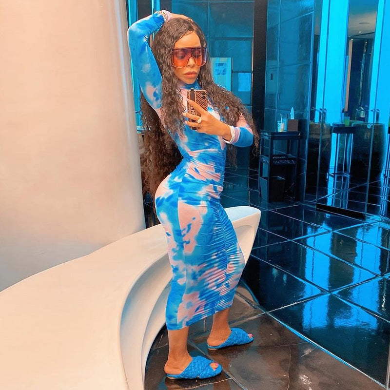 Stand Collar Printed Long Sleeve Ruffle Hip Dress