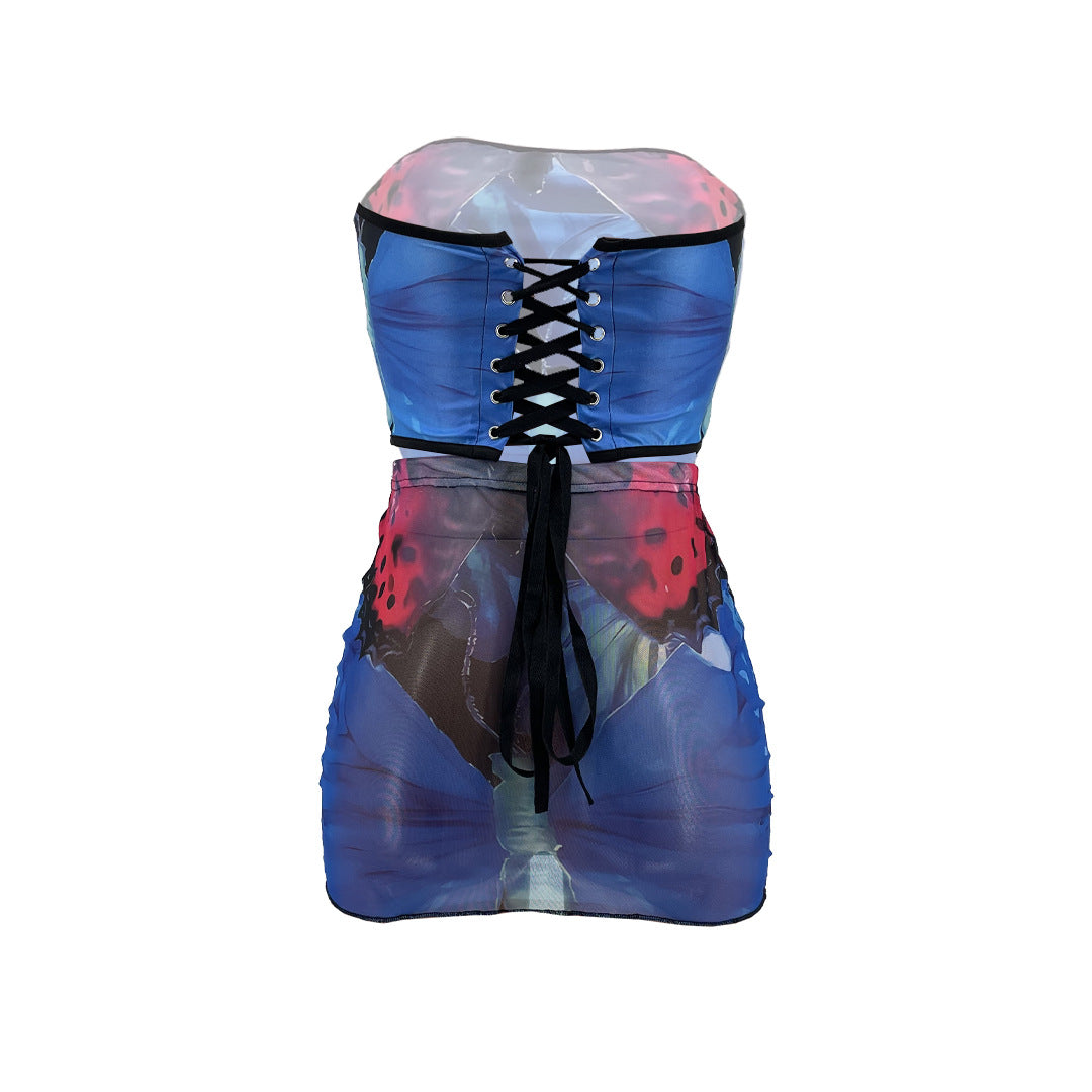Lace-up Waist Butterfly Print 2PC Skirt