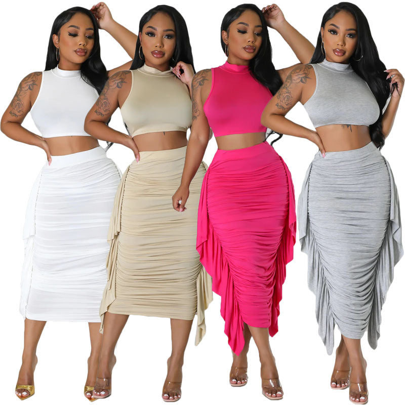 Solid Color High Waist Ruffles Navel Slim Fit Suit