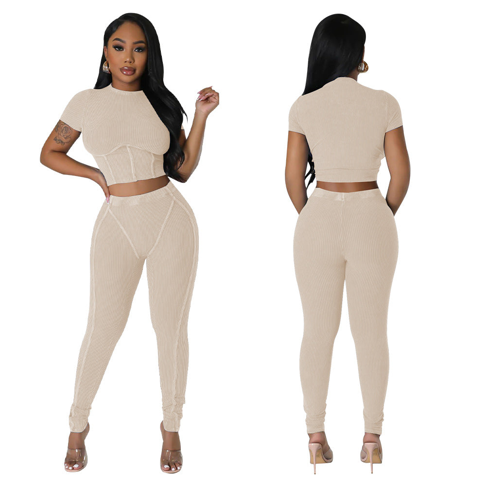 Pit stripe sports round neck tight and navel exposed set