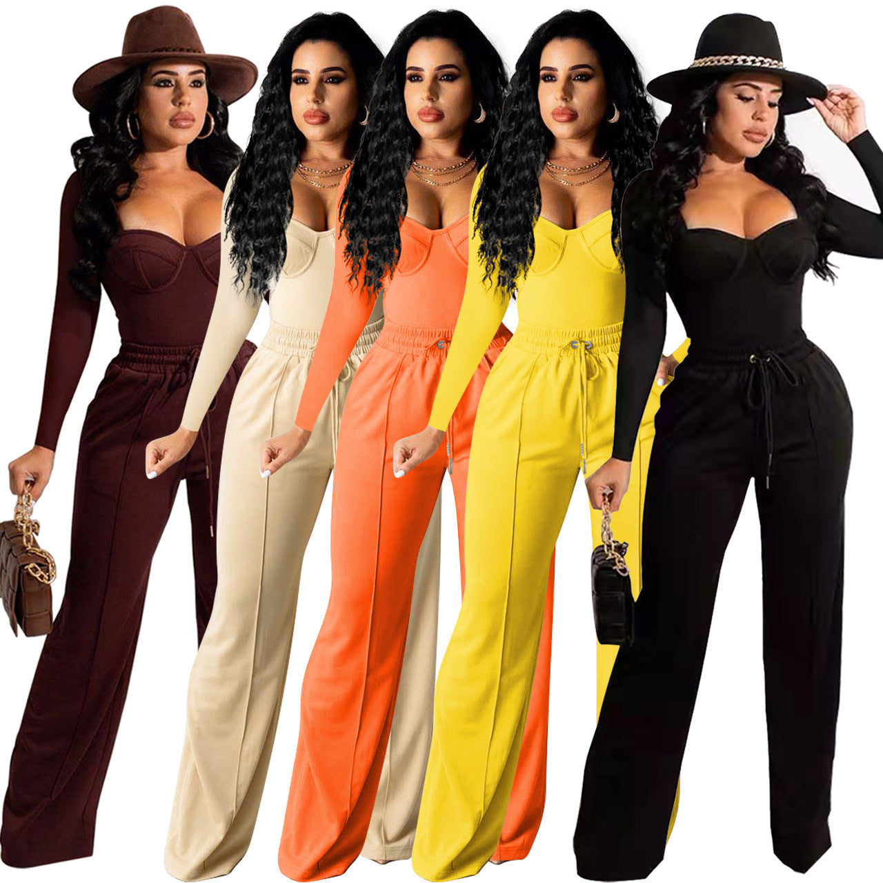 Long sleeved solid color low cut two-piece set