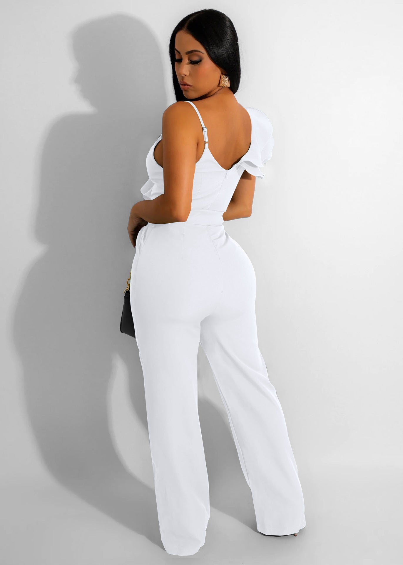 Ruffled Shoulder Sleeveless Waist-deep V Loose Solid Romsuit