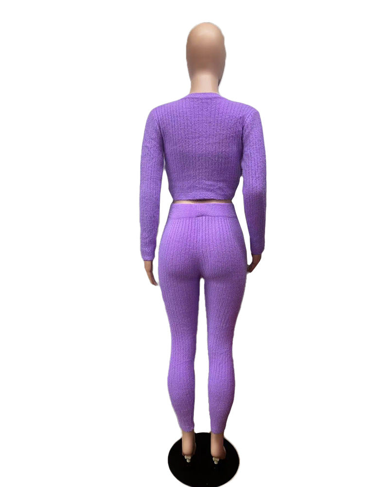 Solid Color Knitted Sweater Sexy Slim-Fit Cardigan 3PC Set