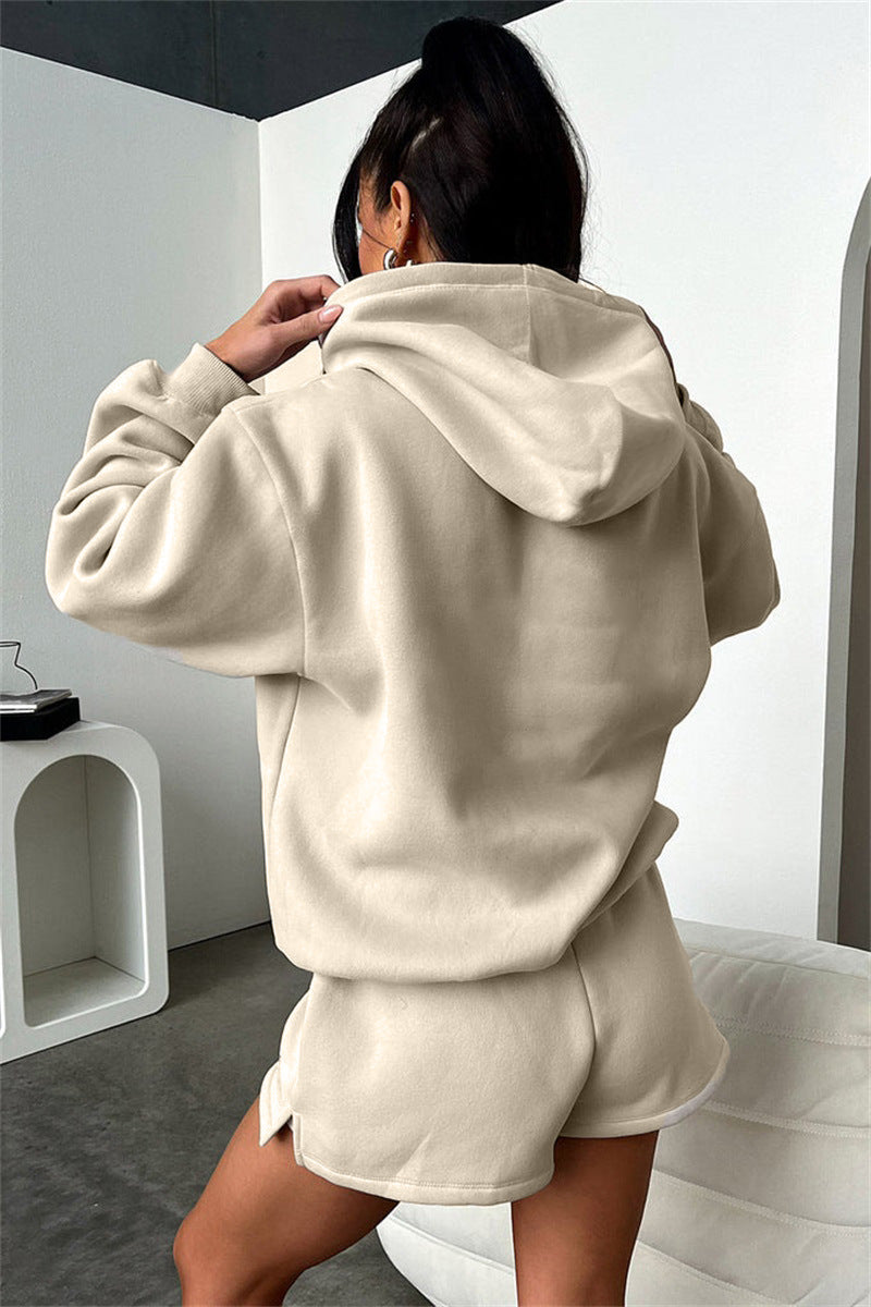 Solid Color Long Sleeved Shorts Hoodie Two-piece Set