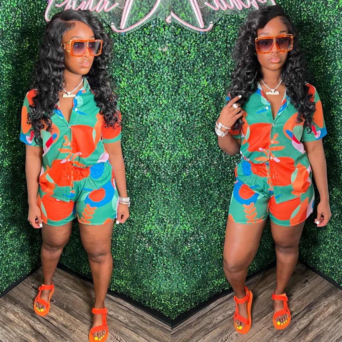 Printed Shirt Short Sleeve Shorts 2PC Set