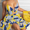 Printed Hollow-out Halter V-neck Cake Dress