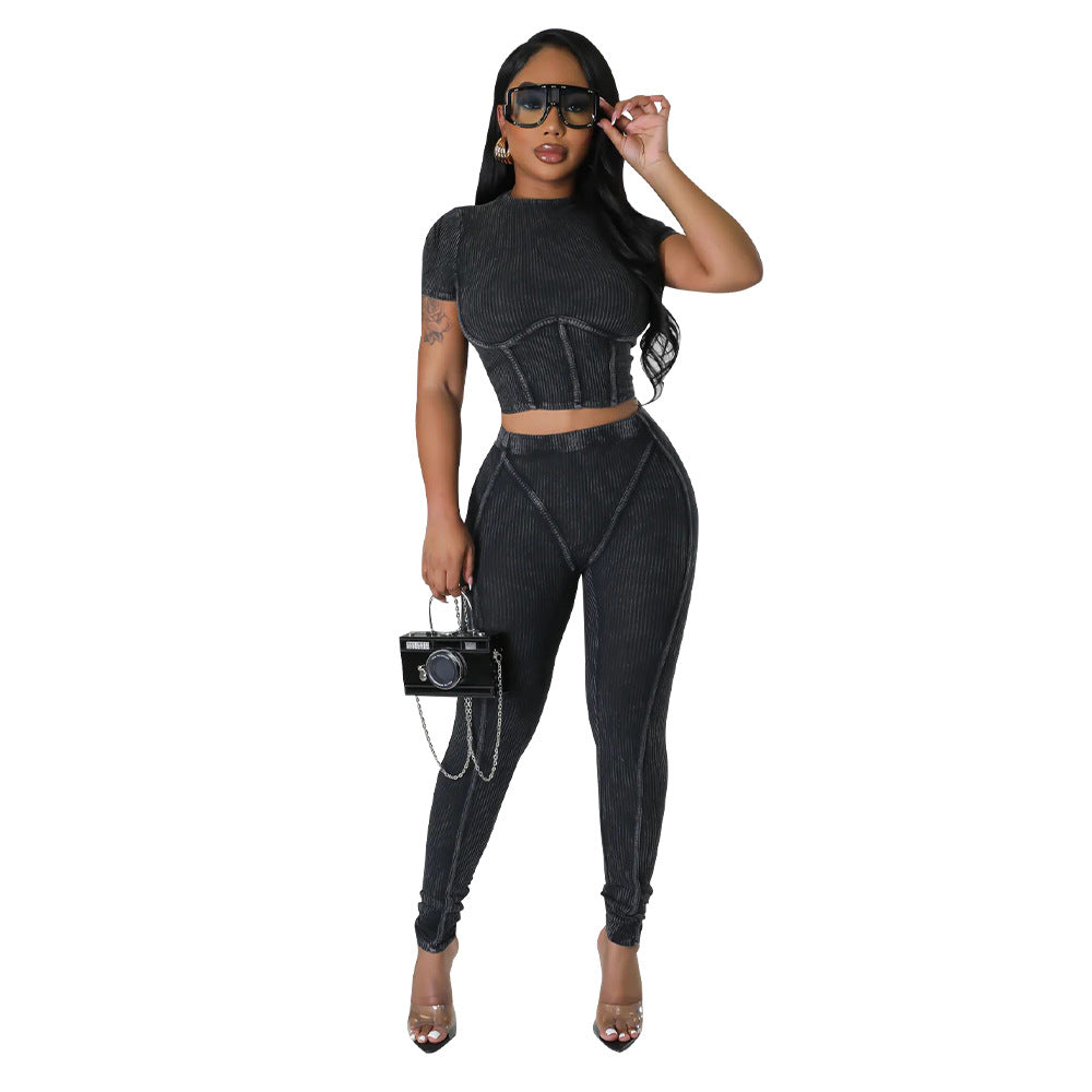 Pit stripe sports round neck tight and navel exposed set