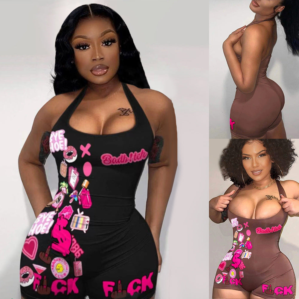 Street Tight High Elastic Printed Halter One-Piece Suit