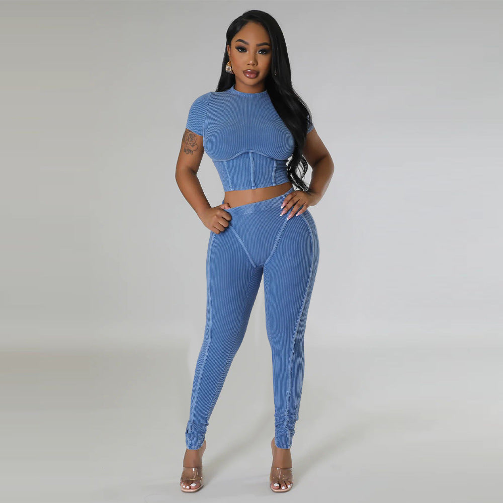 Pit stripe sports round neck tight and navel exposed set