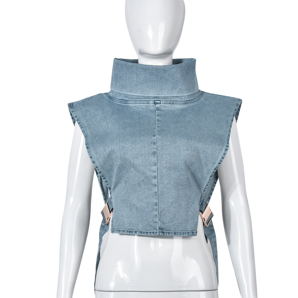 Lace-up Turtleneck Washed Sleeveless Denim Short Vest