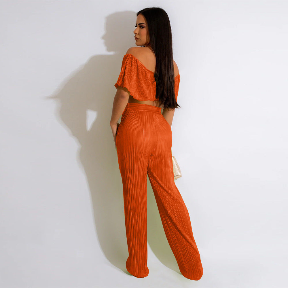 Pleated Ruffled Shoulder Wide-leg Trouser Set