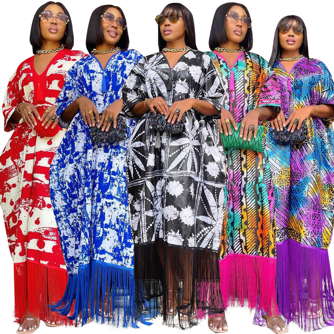 V-neck Fringed Loose Short-sleeved Printed Dress