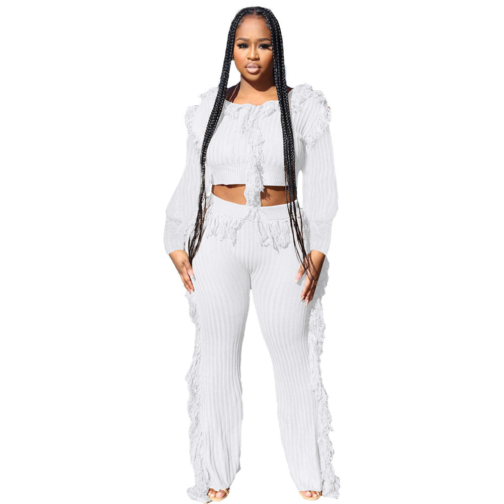 Casual Solid Color Knitted Long Sleeve Tassel Suit Women's Knitted Sweater