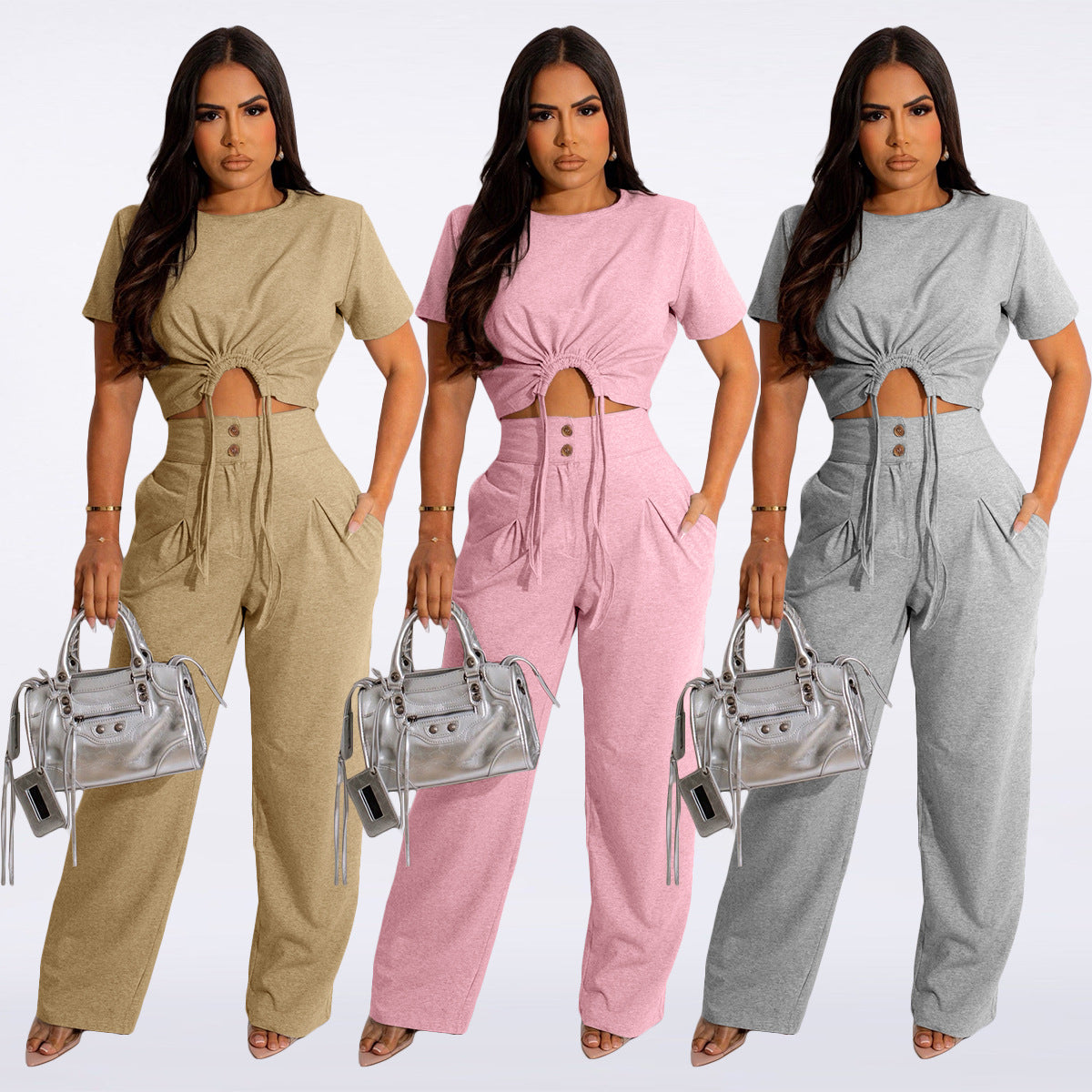 Cotton Short-sleeved Pleated T-shirt Wide-leg Pants Two-piece Suit