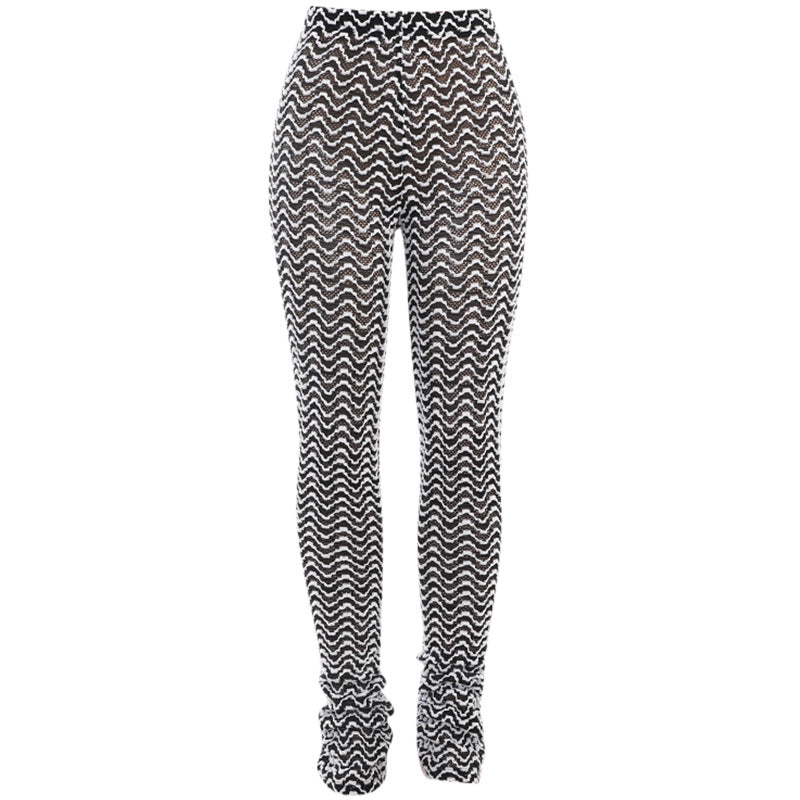 High Waist Black and White Corrugated Hip Lifting Pile Pants