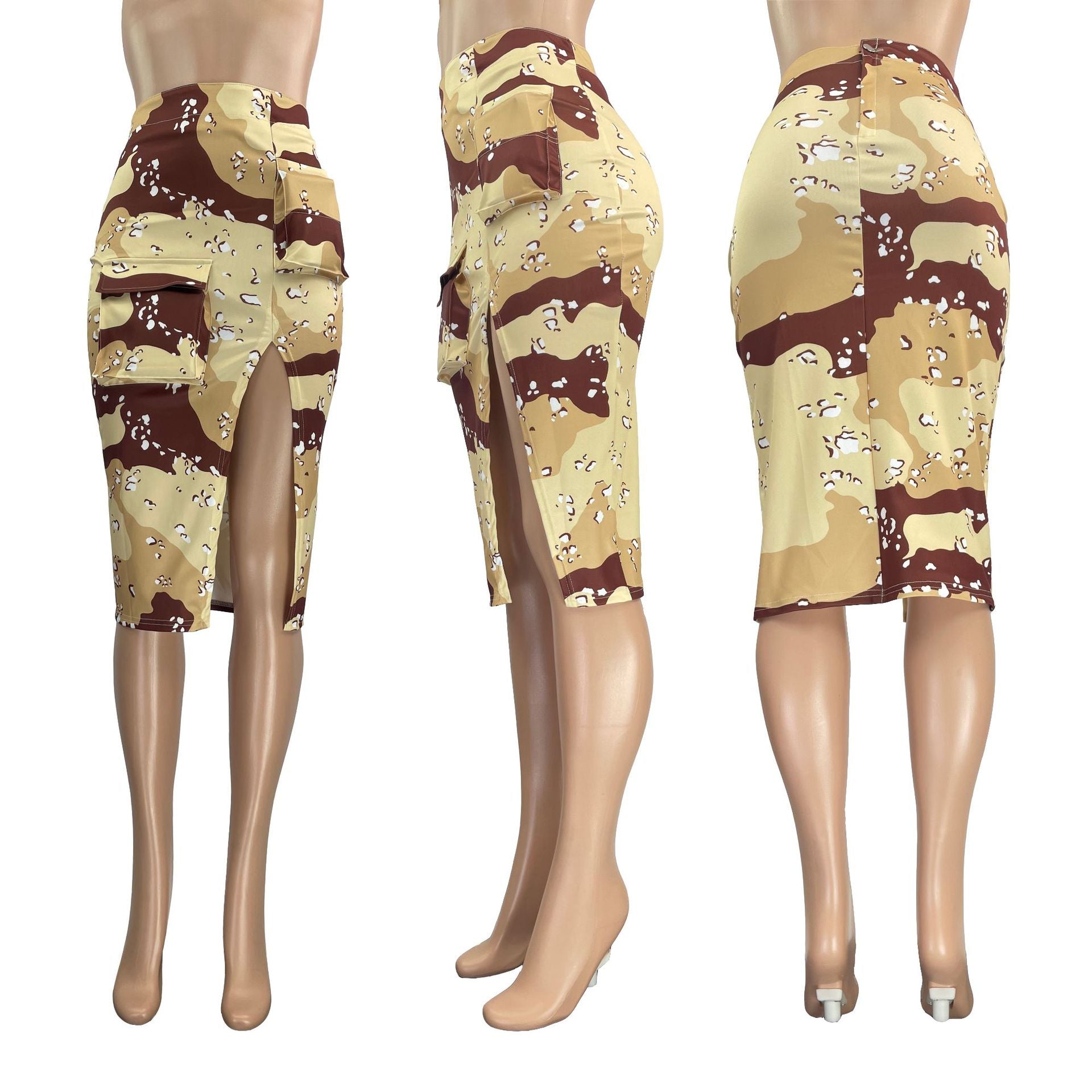 Camo Leaf Print Pocket Split Zip High Waist Skirt