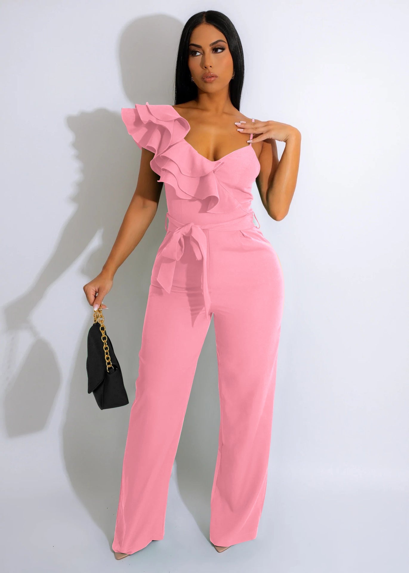 Ruffled Shoulder Sleeveless Waist-deep V Loose Solid Romsuit
