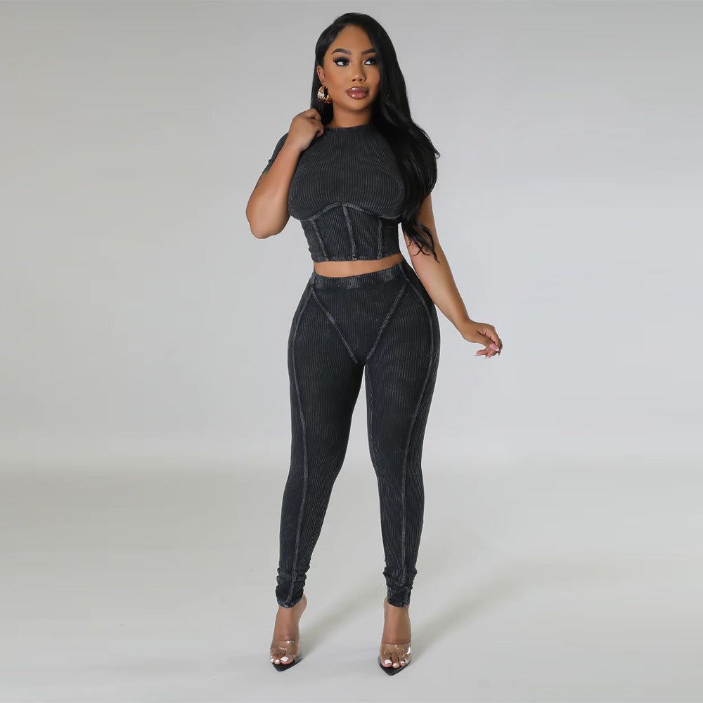 Pit stripe sports round neck tight and navel exposed set