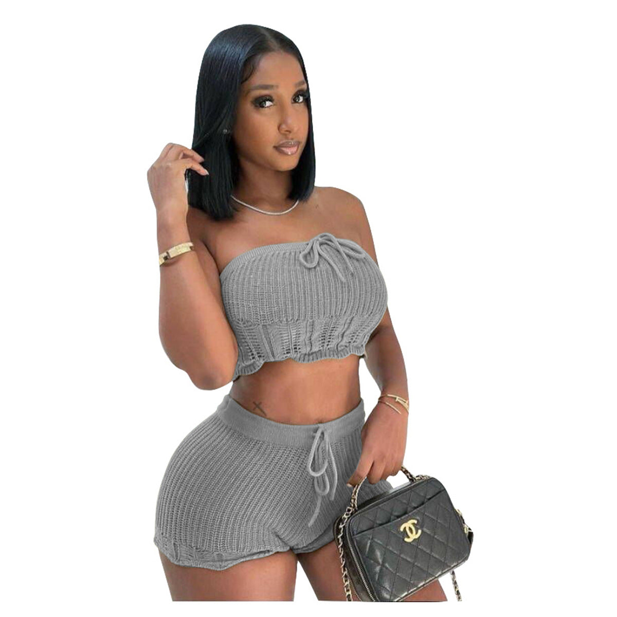 Casual Knitted Tube Top Shorts Two-Piece Set