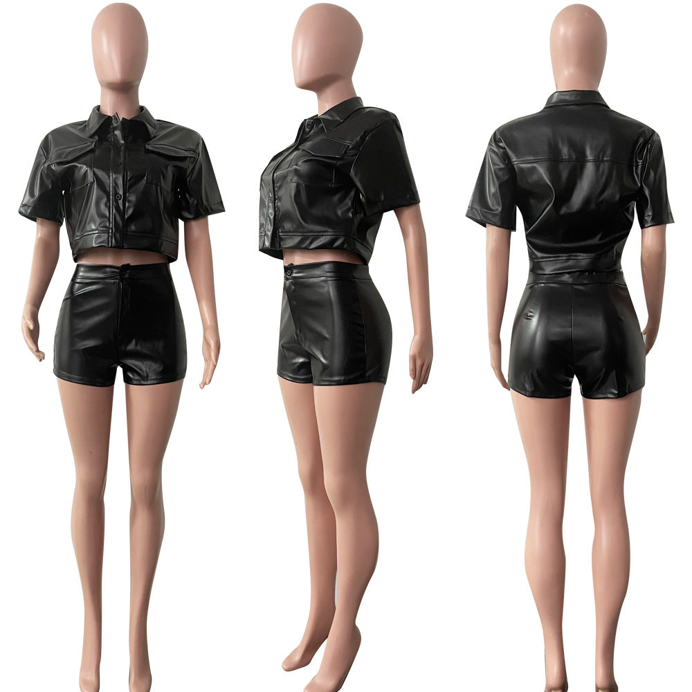 Tight Leather Coat Leather Shorts 2PC Set