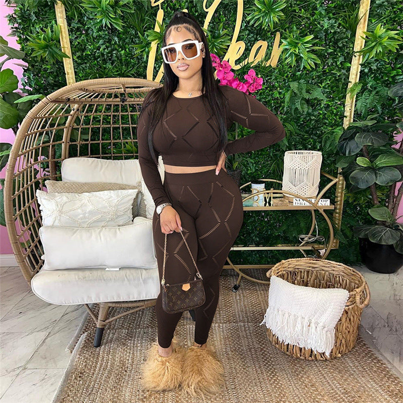 Sexy Cutout Ripped High Waist Tight Trousers 2PC Set