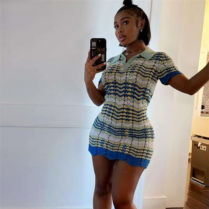 Knitted Dress Polo Color Contrast Dress