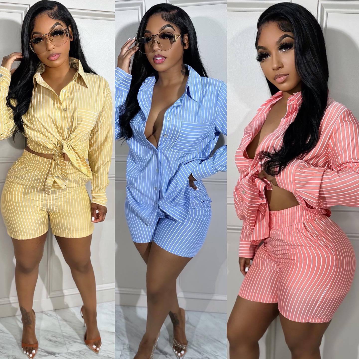 Patch Pocket Vertical Stripes Summer Thin 2PC Set