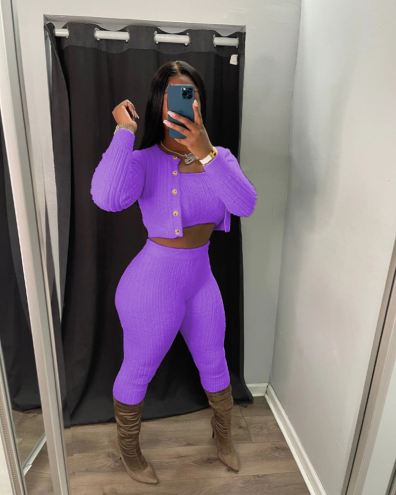 Solid Color Knitted Sweater Sexy Slim-Fit Cardigan 3PC Set