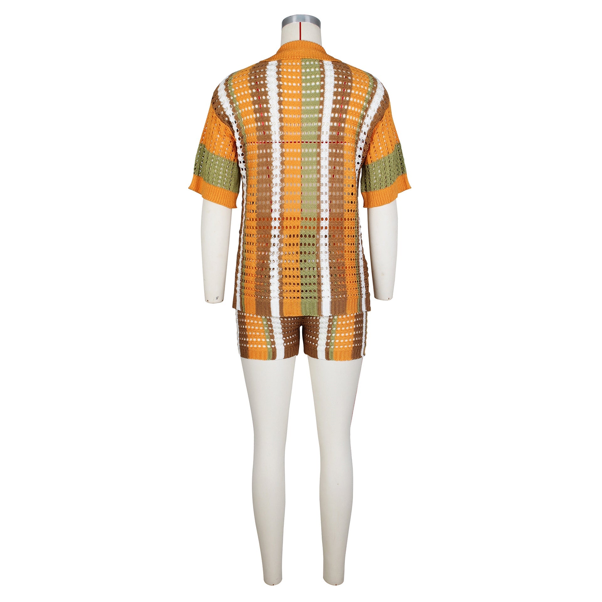 Hollow out See-through Contrast Color Lapels Knitted Shorts Suit