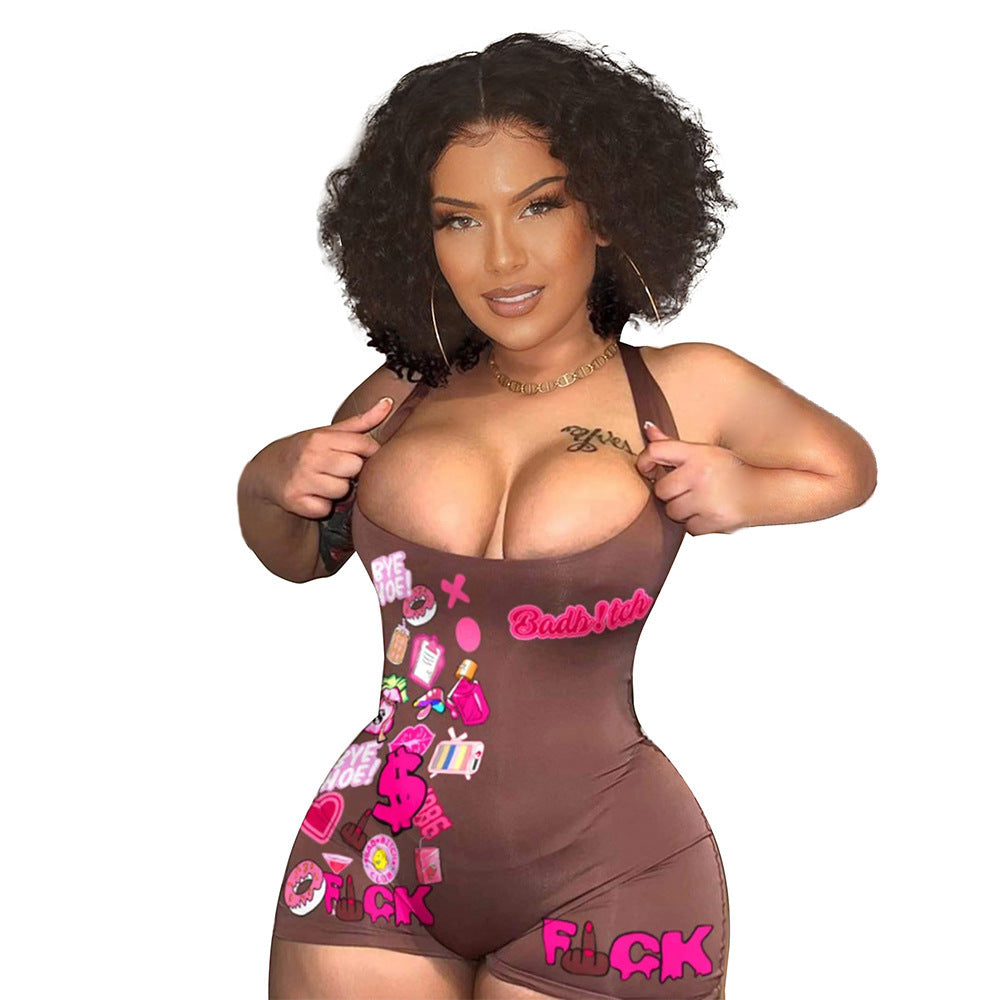 Street Tight High Elastic Printed Halter One-Piece Suit