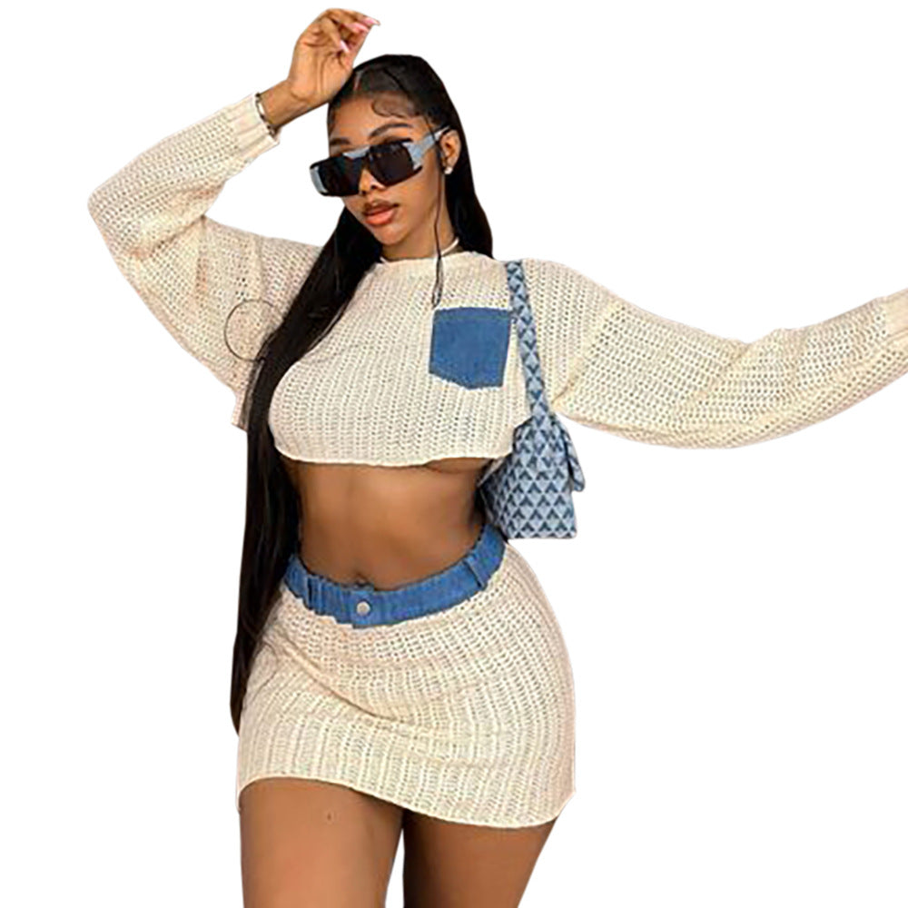 Spliced bare mesh long sleeved hip wrap skirt set