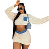 Spliced bare mesh long sleeved hip wrap skirt set