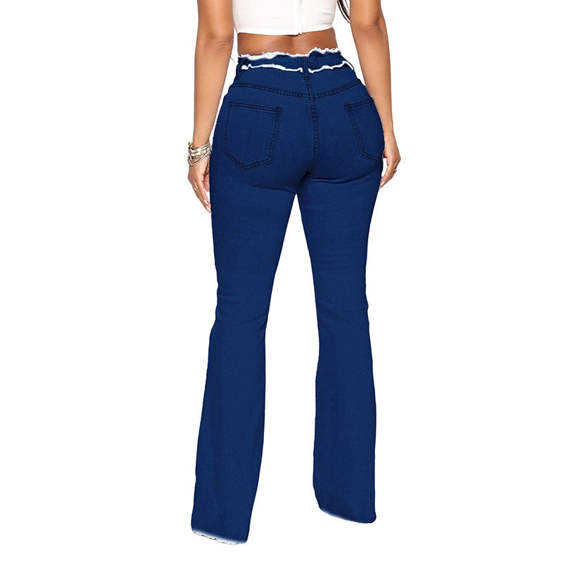 High Elastic Mid Waist Burrs Women's Denim Trousers
