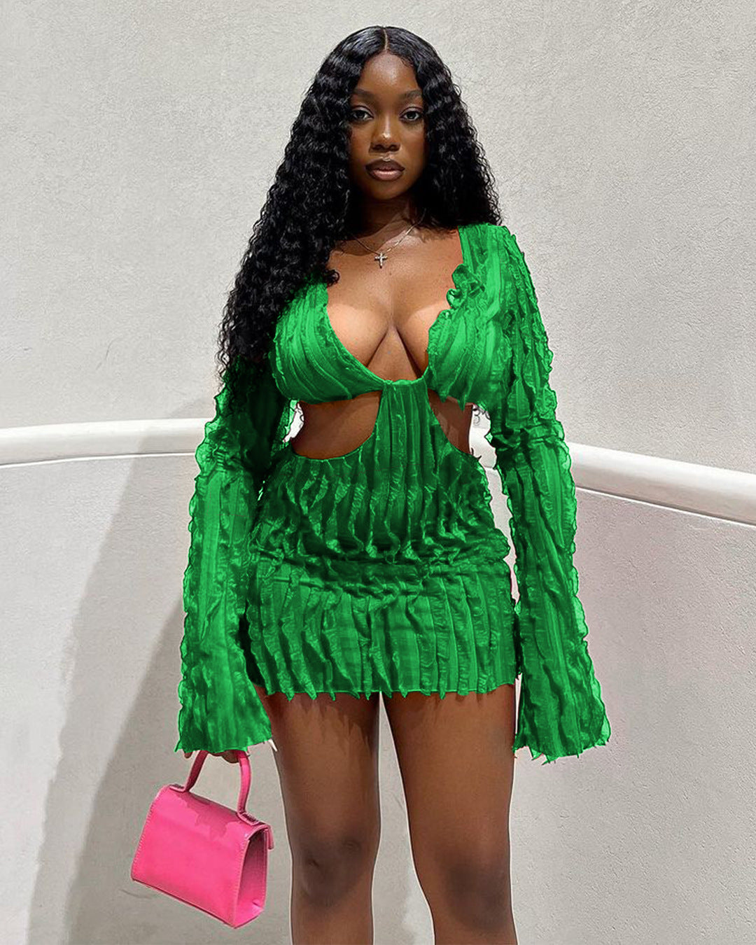 Long Sleeve Mesh Wave Pattern Sexy Short Dress