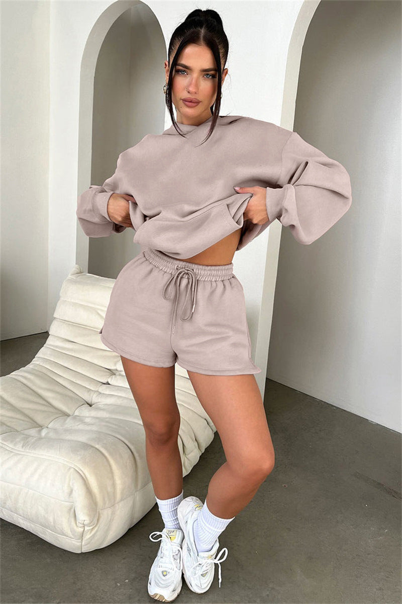 Solid Color Long Sleeved Shorts Hoodie Two-piece Set