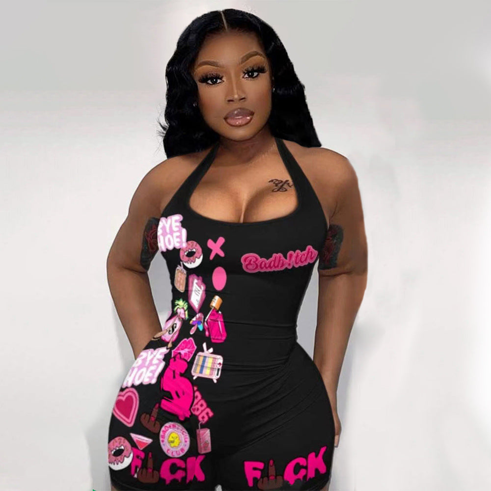 Street Tight High Elastic Printed Halter One-Piece Suit