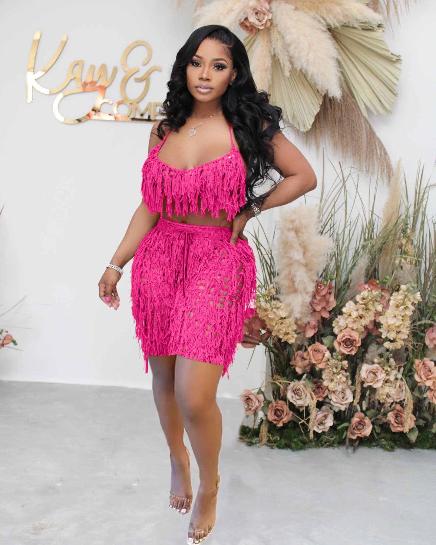 See-through Knitted Hand Crochet Tassel Beach Short Suit
