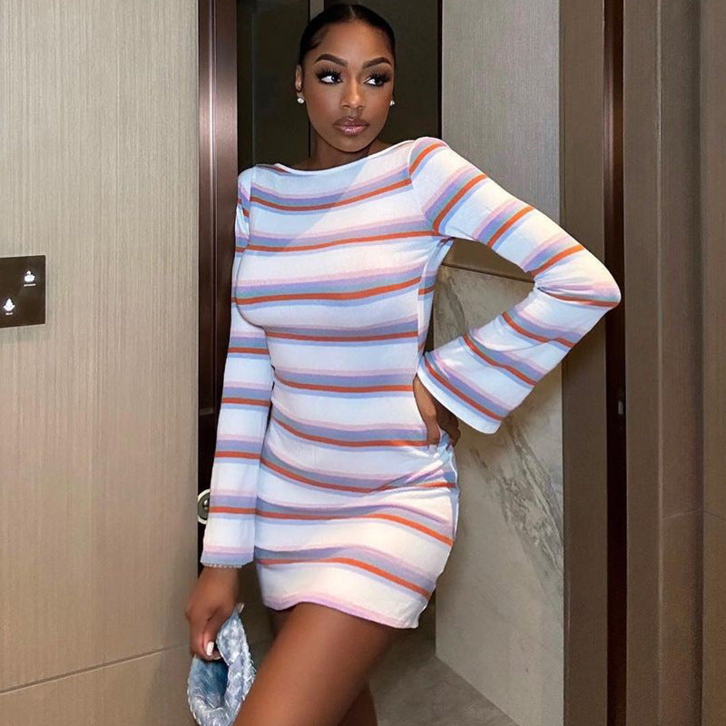 Striped Flared Sleeve Pullover Skirt Backless Waist Trimming A- line Skirt