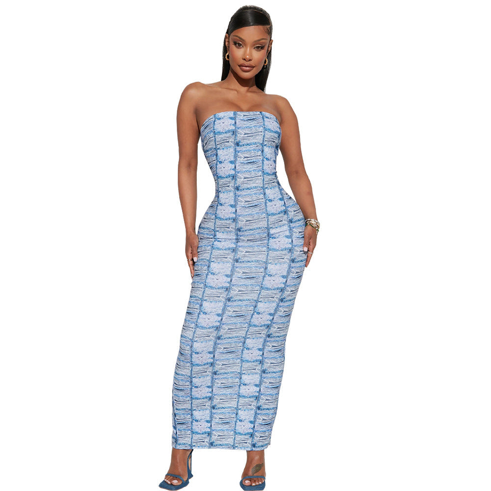 Slim Fit Backless Printed Tube Top Dress