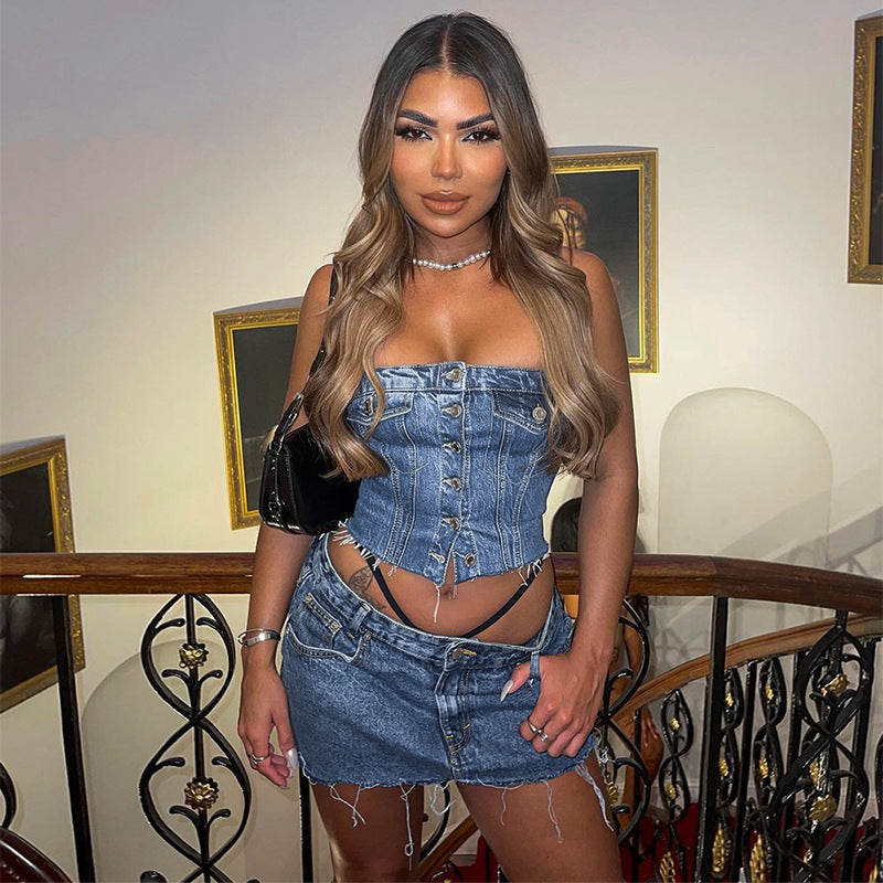 Denim Slim-Fit Buttoned Tank-Top