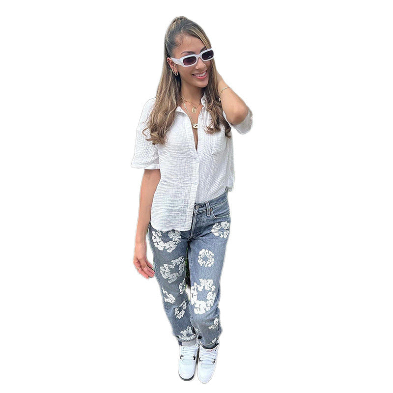 Printed high waisted casual straight jeans